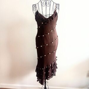 Y2K Brown Floral Beaded Silk Fairy Prom Dress